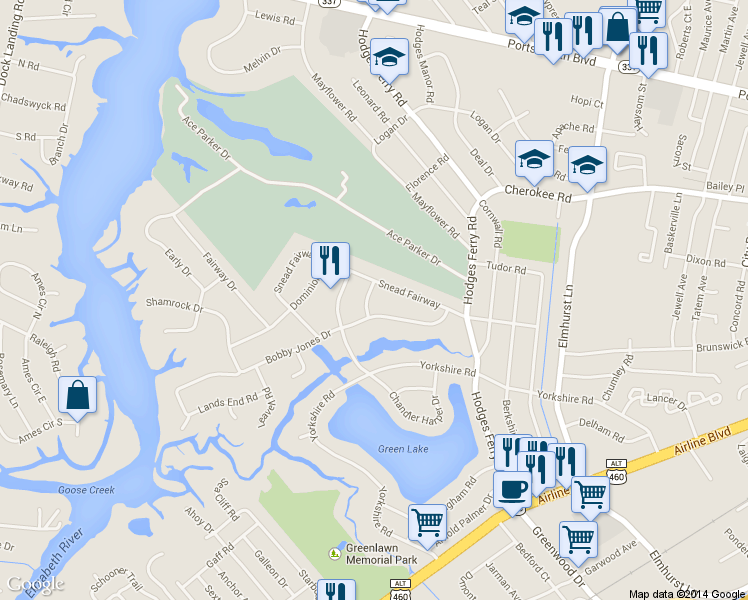 map of restaurants, bars, coffee shops, grocery stores, and more near 303 Sarazen Drive in Portsmouth