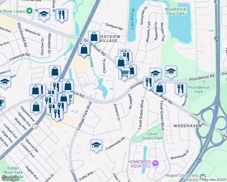 map of restaurants, bars, coffee shops, grocery stores, and more near 6309 Blakely Square in Virginia Beach
