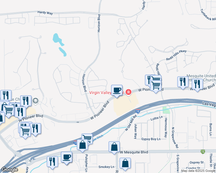map of restaurants, bars, coffee shops, grocery stores, and more near 416 Ravine Lane in Mesquite
