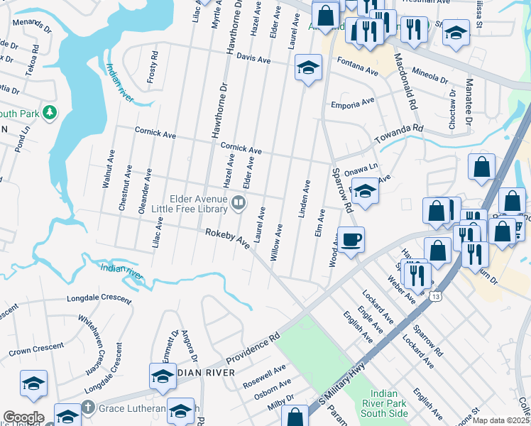 map of restaurants, bars, coffee shops, grocery stores, and more near 1514 Laurel Avenue in Chesapeake