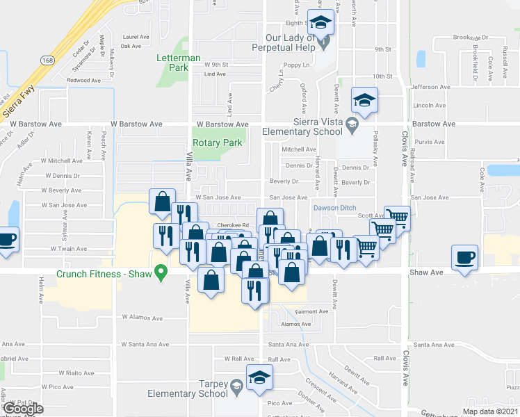 map of restaurants, bars, coffee shops, grocery stores, and more near 1724 Minnewawa Avenue in Clovis