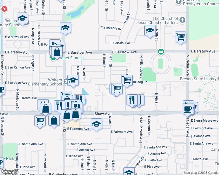 map of restaurants, bars, coffee shops, grocery stores, and more near 1250 East Shaw Avenue in Fresno