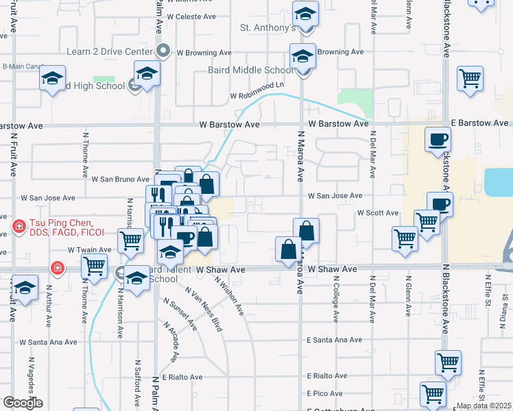map of restaurants, bars, coffee shops, grocery stores, and more near 507 West San Jose Avenue in Fresno
