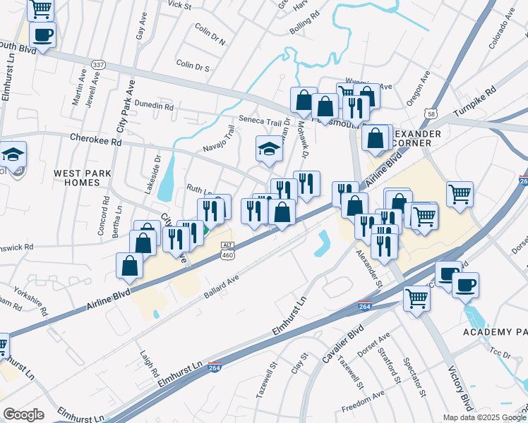 map of restaurants, bars, coffee shops, grocery stores, and more near 105 Chowan Drive in Portsmouth