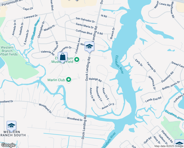 map of restaurants, bars, coffee shops, grocery stores, and more near 2105 Ames Circle North in Chesapeake