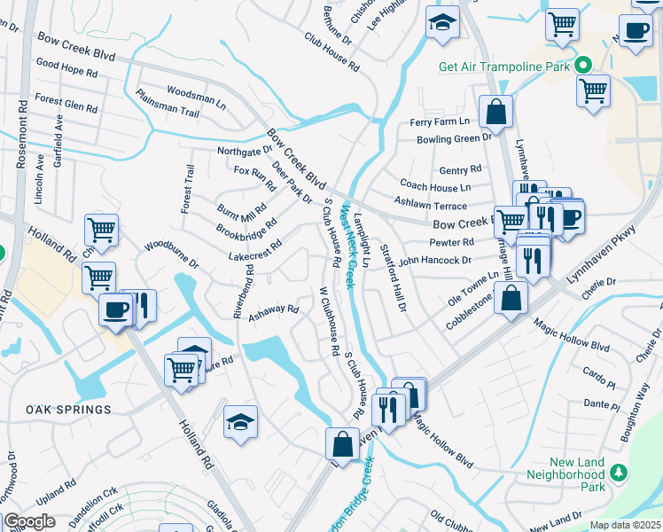 map of restaurants, bars, coffee shops, grocery stores, and more near 869 South Club House Road in Virginia Beach