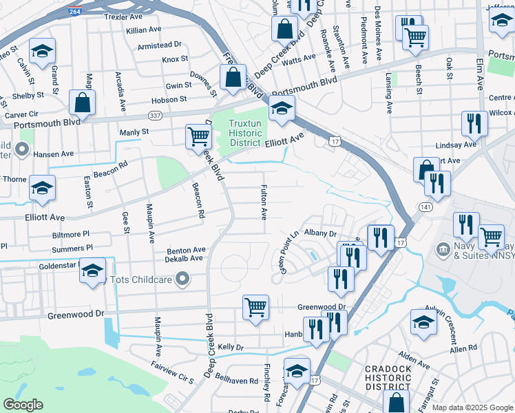 map of restaurants, bars, coffee shops, grocery stores, and more near 112 Franklin Avenue in Portsmouth