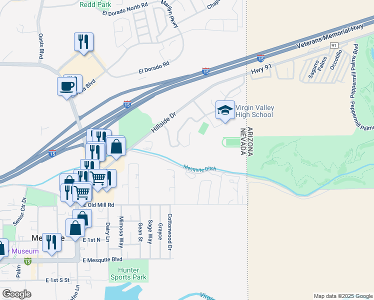map of restaurants, bars, coffee shops, grocery stores, and more near 484 Valley View Circle in Mesquite