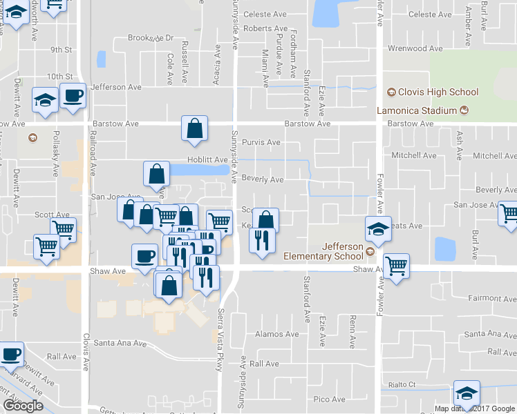 map of restaurants, bars, coffee shops, grocery stores, and more near 1645 Scott Circle in Clovis