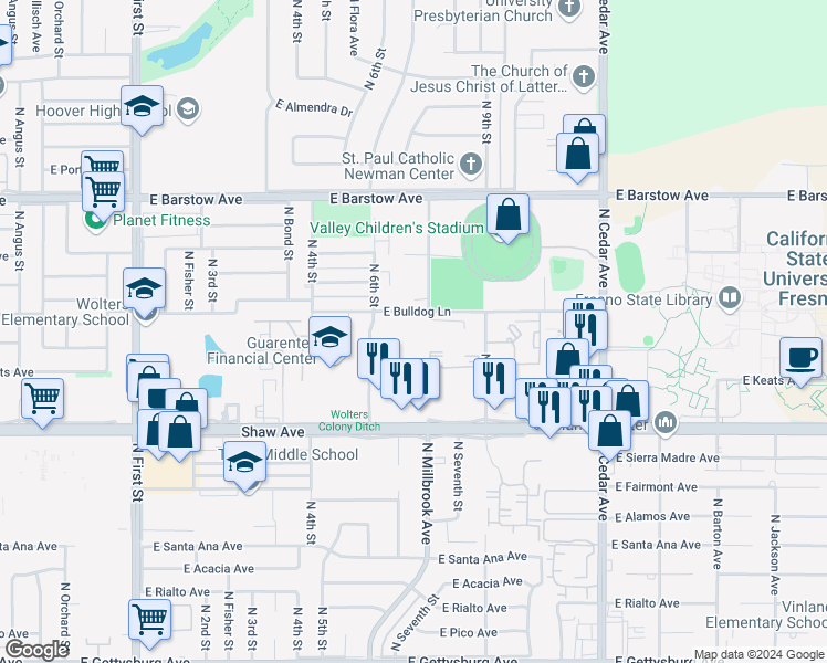 map of restaurants, bars, coffee shops, grocery stores, and more near 5150 North 6th Street in Fresno