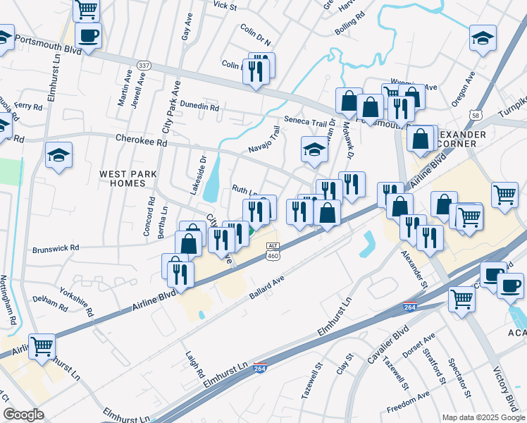 map of restaurants, bars, coffee shops, grocery stores, and more near 225 Mohican Drive in Portsmouth
