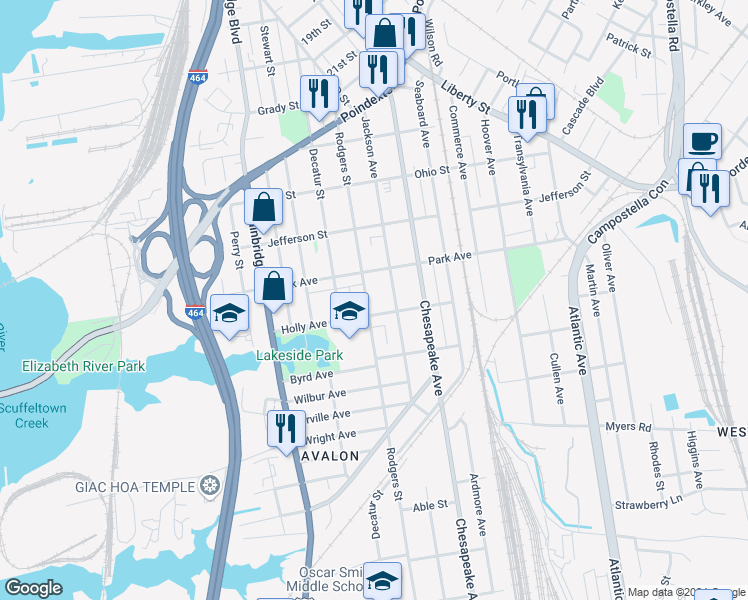 map of restaurants, bars, coffee shops, grocery stores, and more near 1425 Rodgers St in Chesapeake