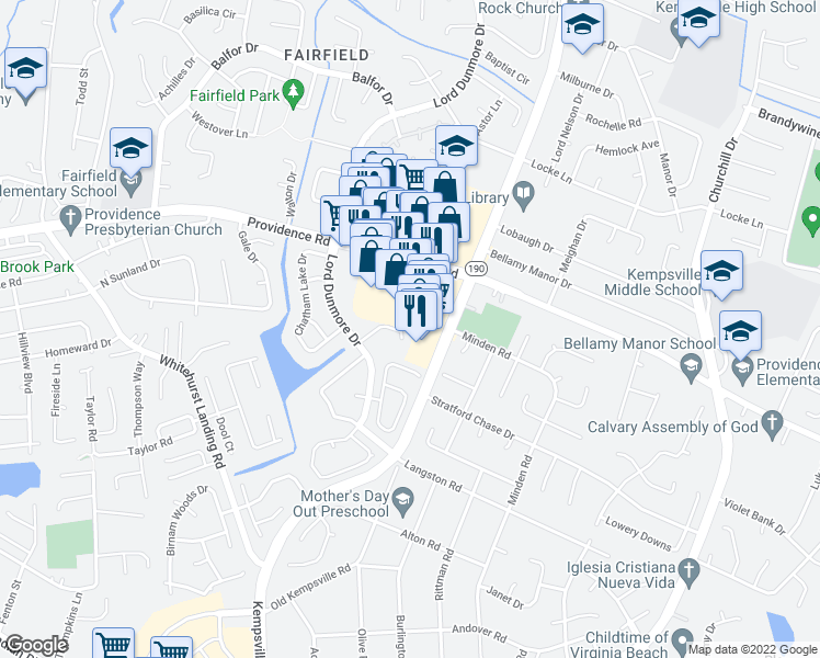 map of restaurants, bars, coffee shops, grocery stores, and more near 5224 Waller Court in Virginia Beach