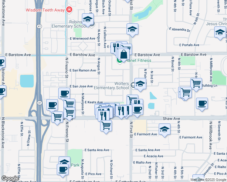 map of restaurants, bars, coffee shops, grocery stores, and more near 695 East San Jose Avenue in Fresno