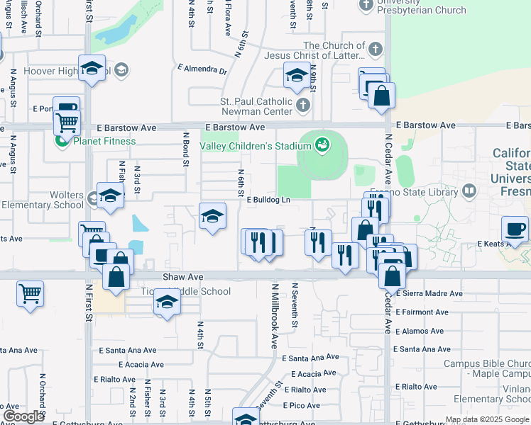 map of restaurants, bars, coffee shops, grocery stores, and more near 5150 North 6th Street in Fresno
