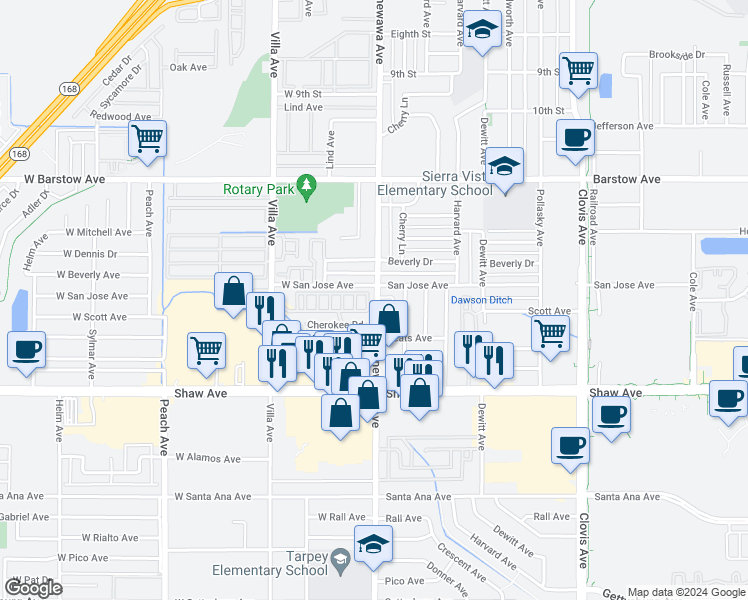 map of restaurants, bars, coffee shops, grocery stores, and more near 1724 Minnewawa Avenue in Clovis