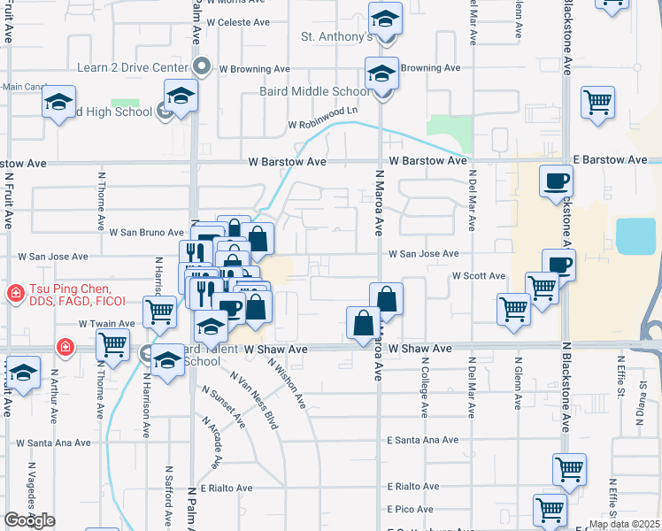map of restaurants, bars, coffee shops, grocery stores, and more near 507 West San Jose Avenue in Fresno