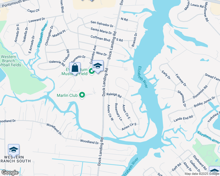 map of restaurants, bars, coffee shops, grocery stores, and more near 2105 Ames Circle North in Chesapeake