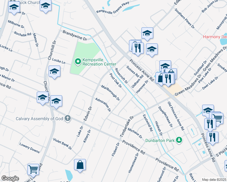map of restaurants, bars, coffee shops, grocery stores, and more near 4716 Marlborough Drive in Virginia Beach