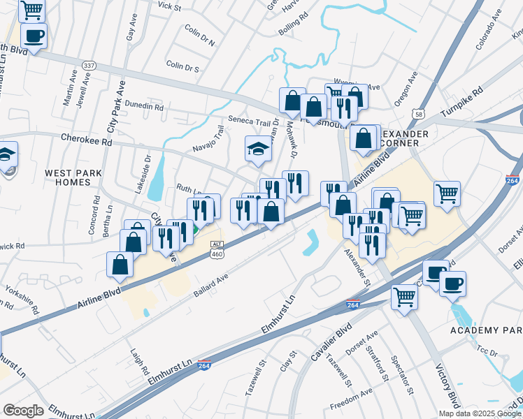 map of restaurants, bars, coffee shops, grocery stores, and more near 105 Chowan Drive in Portsmouth