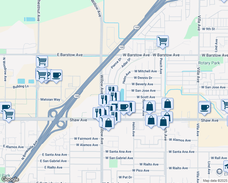 map of restaurants, bars, coffee shops, grocery stores, and more near 1681 Willow Ave in Clovis