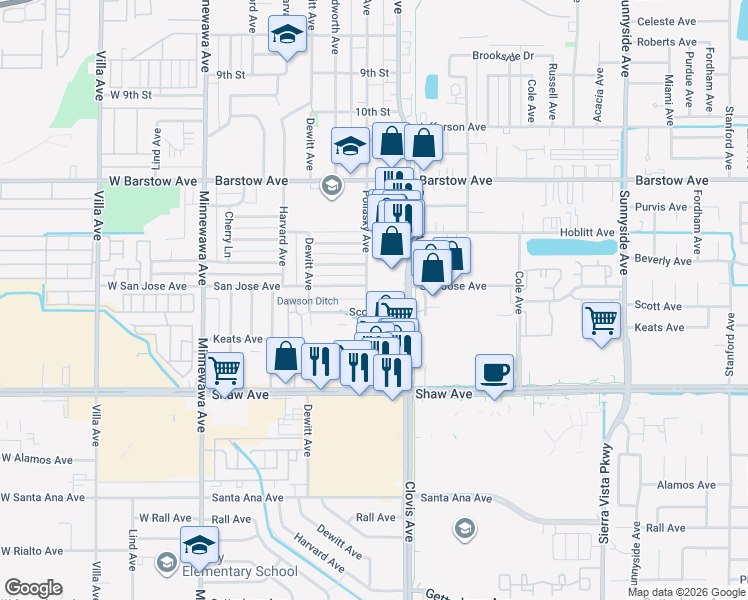 map of restaurants, bars, coffee shops, grocery stores, and more near 1629 Pollasky Avenue in Clovis