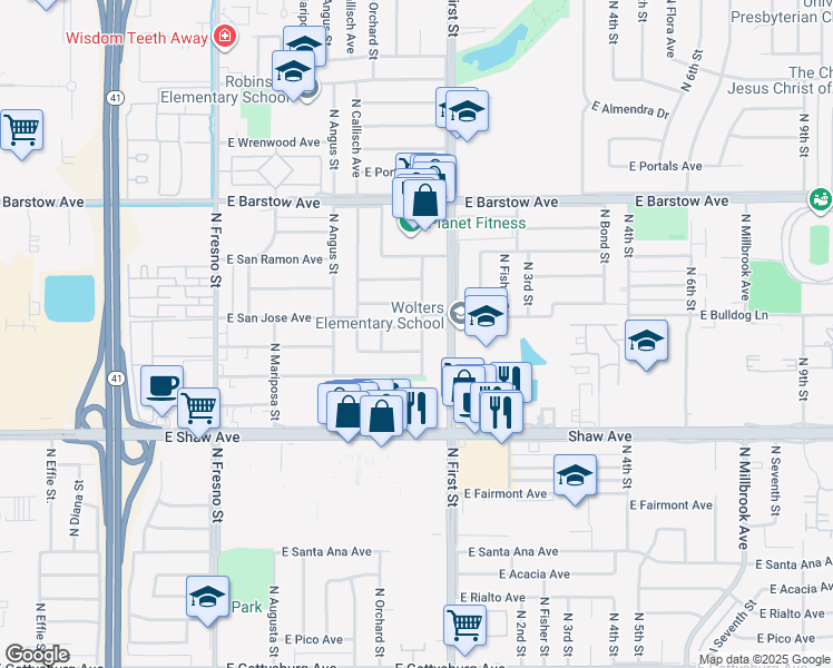 map of restaurants, bars, coffee shops, grocery stores, and more near 743 East San Jose Avenue in Fresno
