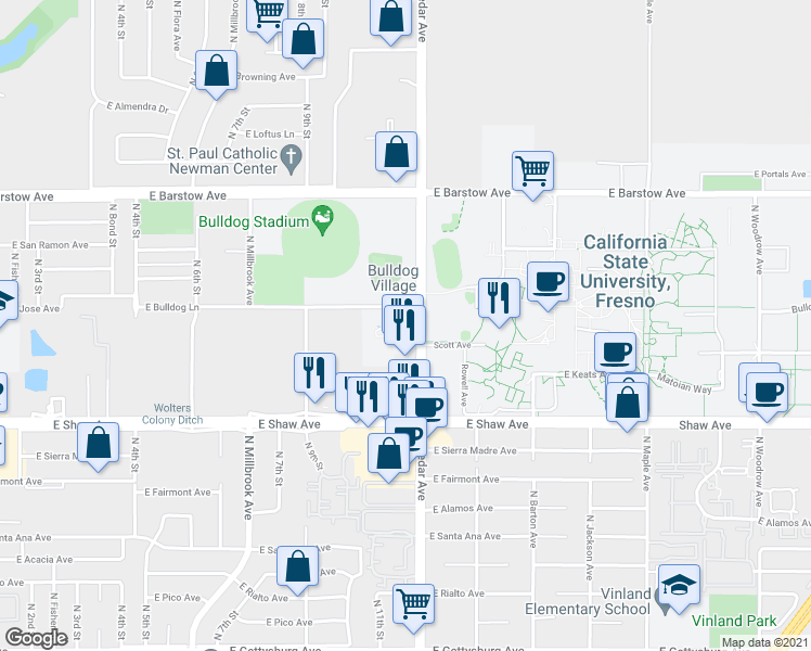 map of restaurants, bars, coffee shops, grocery stores, and more near 5151 North Cedar Avenue in Fresno