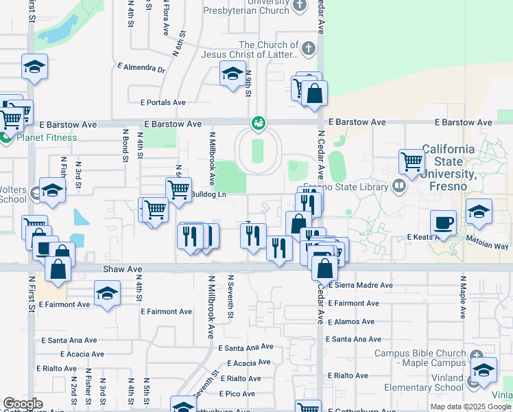 map of restaurants, bars, coffee shops, grocery stores, and more near 5158 North 9th Street in Fresno