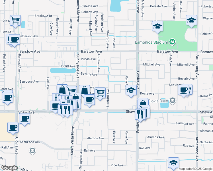 map of restaurants, bars, coffee shops, grocery stores, and more near 1597 Scott Avenue in Clovis