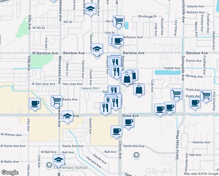 map of restaurants, bars, coffee shops, grocery stores, and more near 1629 Pollasky Avenue in Clovis