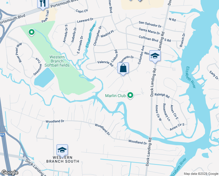 map of restaurants, bars, coffee shops, grocery stores, and more near 2005 Columbo Avenue in Chesapeake