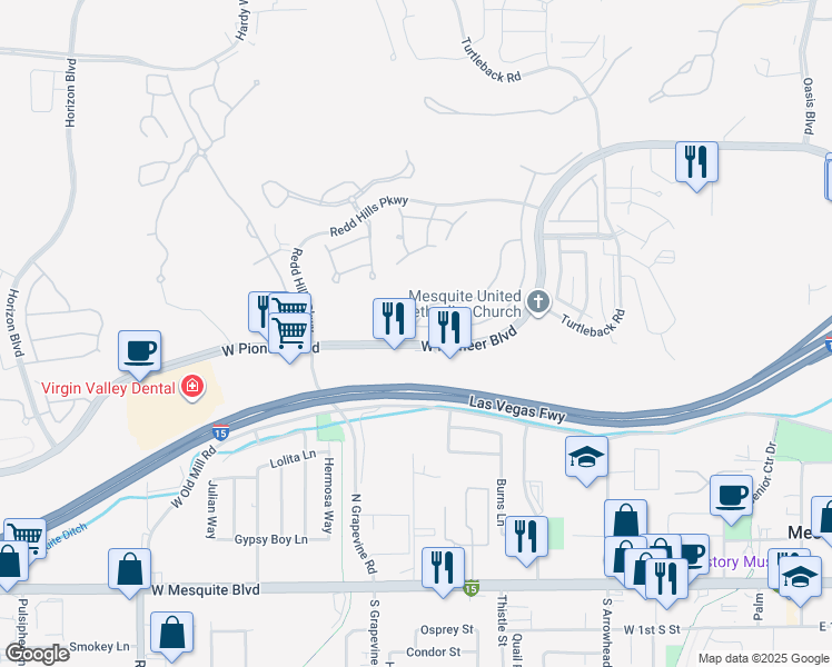 map of restaurants, bars, coffee shops, grocery stores, and more near 418 Chalet Drive in Mesquite