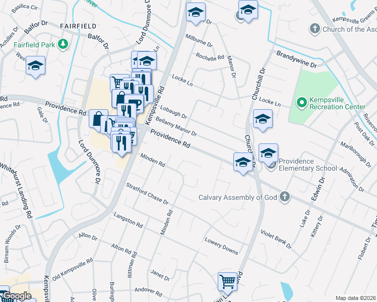 map of restaurants, bars, coffee shops, grocery stores, and more near 5117 Providence Road in Virginia Beach