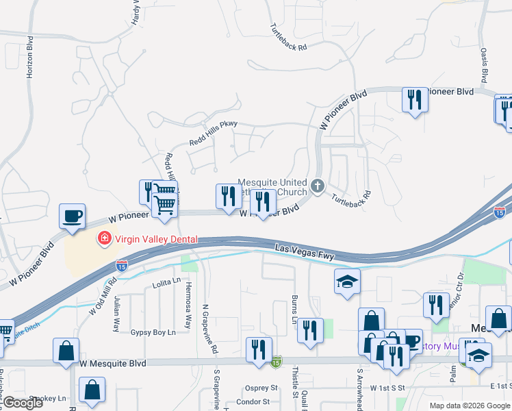 map of restaurants, bars, coffee shops, grocery stores, and more near 422 Chalet Drive in Mesquite