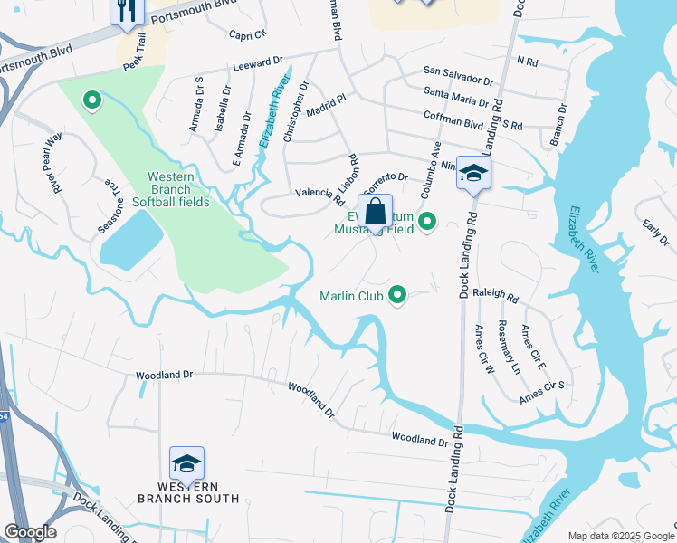map of restaurants, bars, coffee shops, grocery stores, and more near 2009 Columbo Avenue in Chesapeake