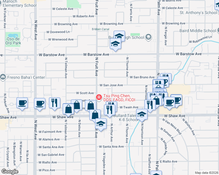 map of restaurants, bars, coffee shops, grocery stores, and more near 1284 West Scott Avenue in Fresno