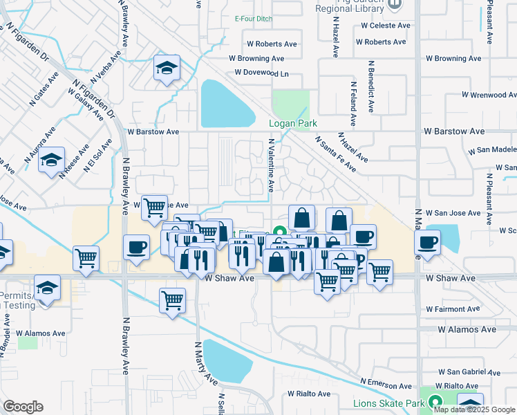 map of restaurants, bars, coffee shops, grocery stores, and more near 3455 West San Jose Avenue in Fresno