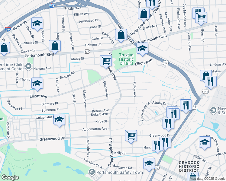 map of restaurants, bars, coffee shops, grocery stores, and more near 108 Charles Avenue in Portsmouth