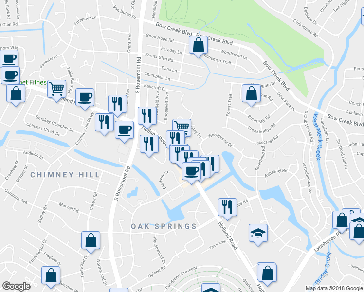 map of restaurants, bars, coffee shops, grocery stores, and more near 764 Chantry Drive in Virginia Beach