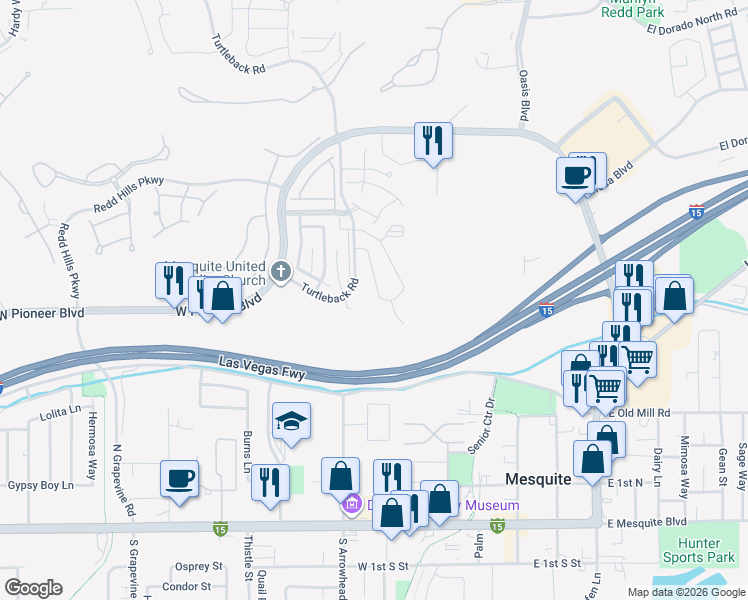 map of restaurants, bars, coffee shops, grocery stores, and more near 436 South Interstate Highway 15 in Mesquite