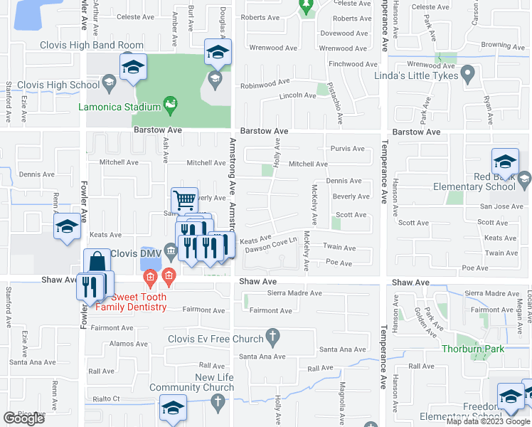 map of restaurants, bars, coffee shops, grocery stores, and more near 1724 Holly Avenue in Clovis