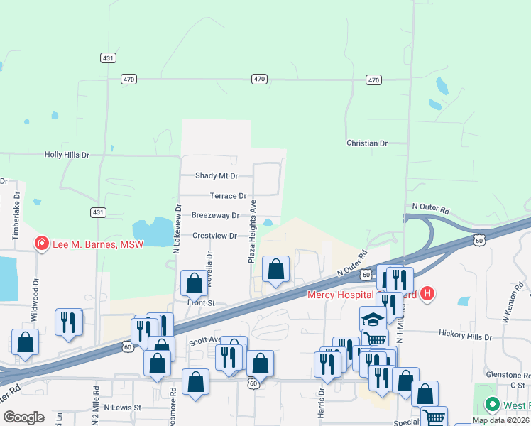 map of restaurants, bars, coffee shops, grocery stores, and more near 13532 Plaza Heights Avenue in Dexter
