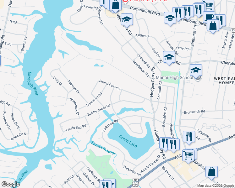 map of restaurants, bars, coffee shops, grocery stores, and more near 303 Sarazen Drive in Portsmouth