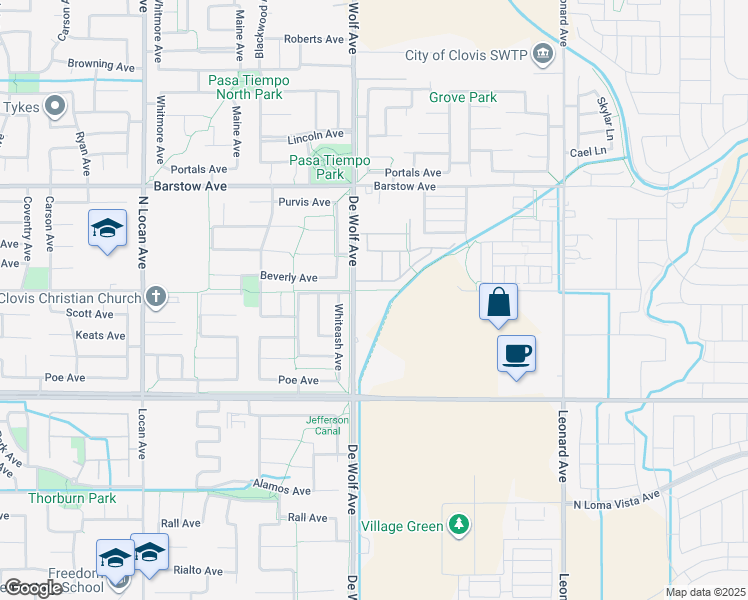 map of restaurants, bars, coffee shops, grocery stores, and more near 1633 North De Wolf Avenue in Clovis