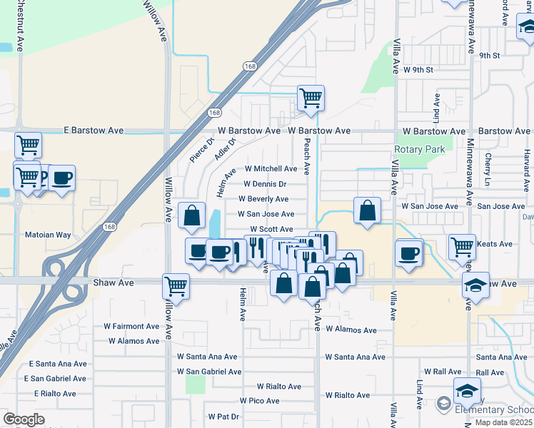 map of restaurants, bars, coffee shops, grocery stores, and more near 1618 Sylmar Avenue in Clovis
