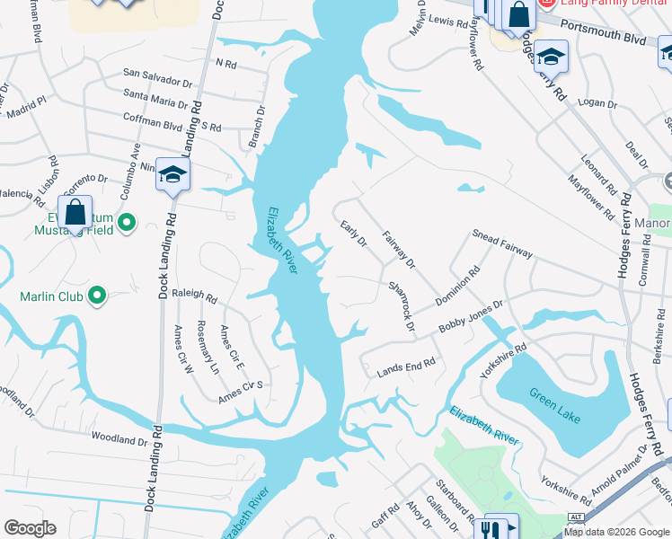 map of restaurants, bars, coffee shops, grocery stores, and more near 1 Shamrock Drive in Portsmouth