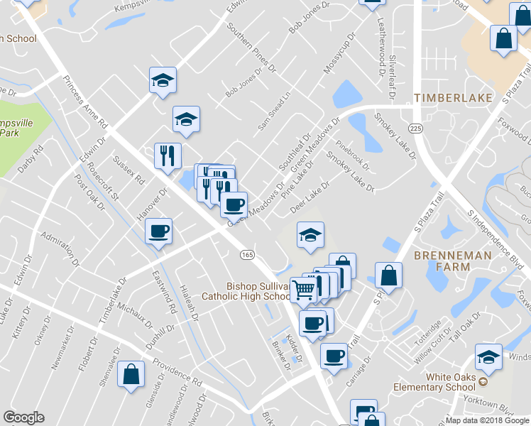 map of restaurants, bars, coffee shops, grocery stores, and more near 793 Pine Lake Drive in Virginia Beach