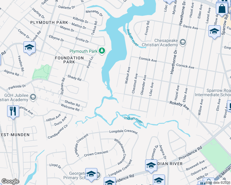 map of restaurants, bars, coffee shops, grocery stores, and more near 3303 Rokeby Avenue in Chesapeake