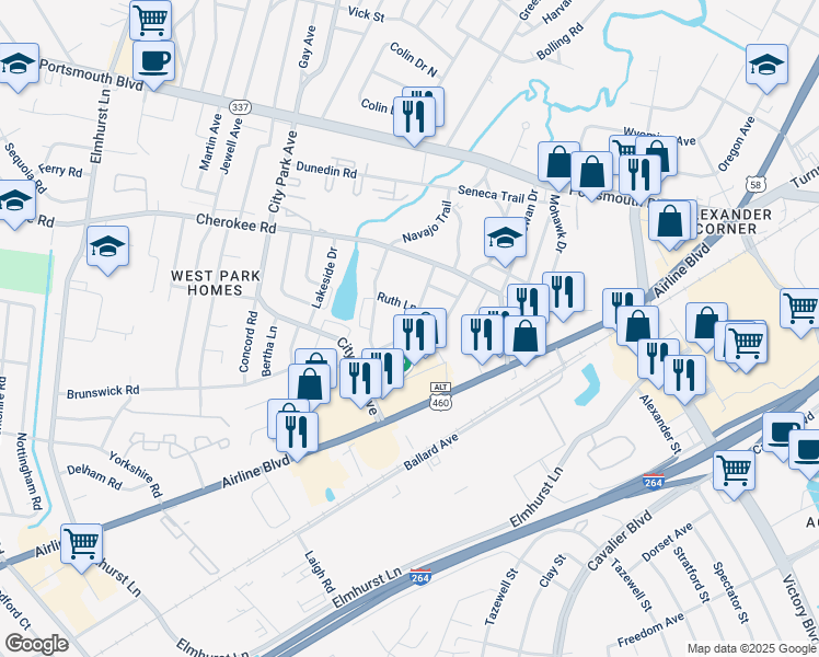 map of restaurants, bars, coffee shops, grocery stores, and more near 225 Mohican Drive in Portsmouth